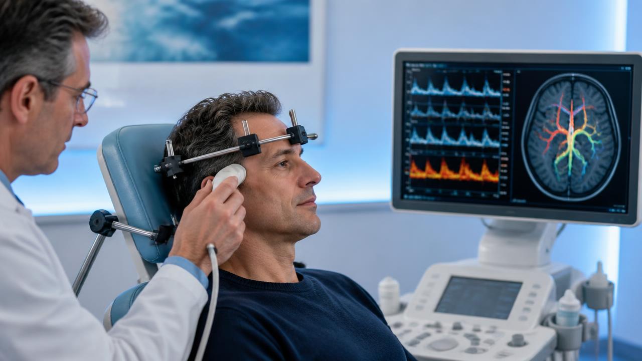 Médico realizando ultrassom Doppler transcraniano na região temporal de um paciente, com monitor exibindo curvas de fluxo cerebral